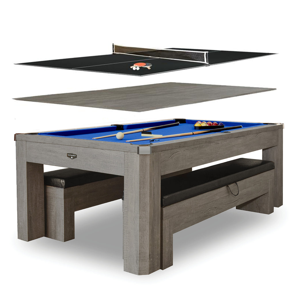 Newport 7-ft Pool Table Combo Set with Benches - Rustic Grey with Blue Felt