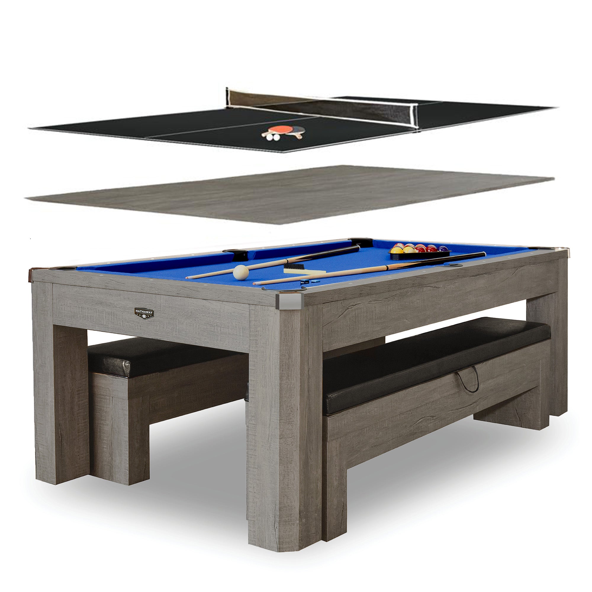 Newport 7-ft Pool Table Combo Set with Benches - Rustic Grey with Blue Felt