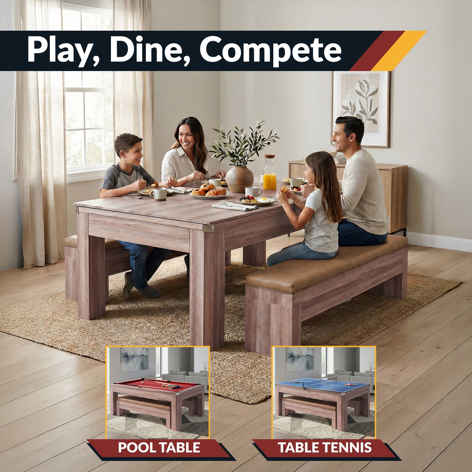 Newport 7-ft Pool Table Combo Set with Benches - Light Oak with Red Felt - image 6