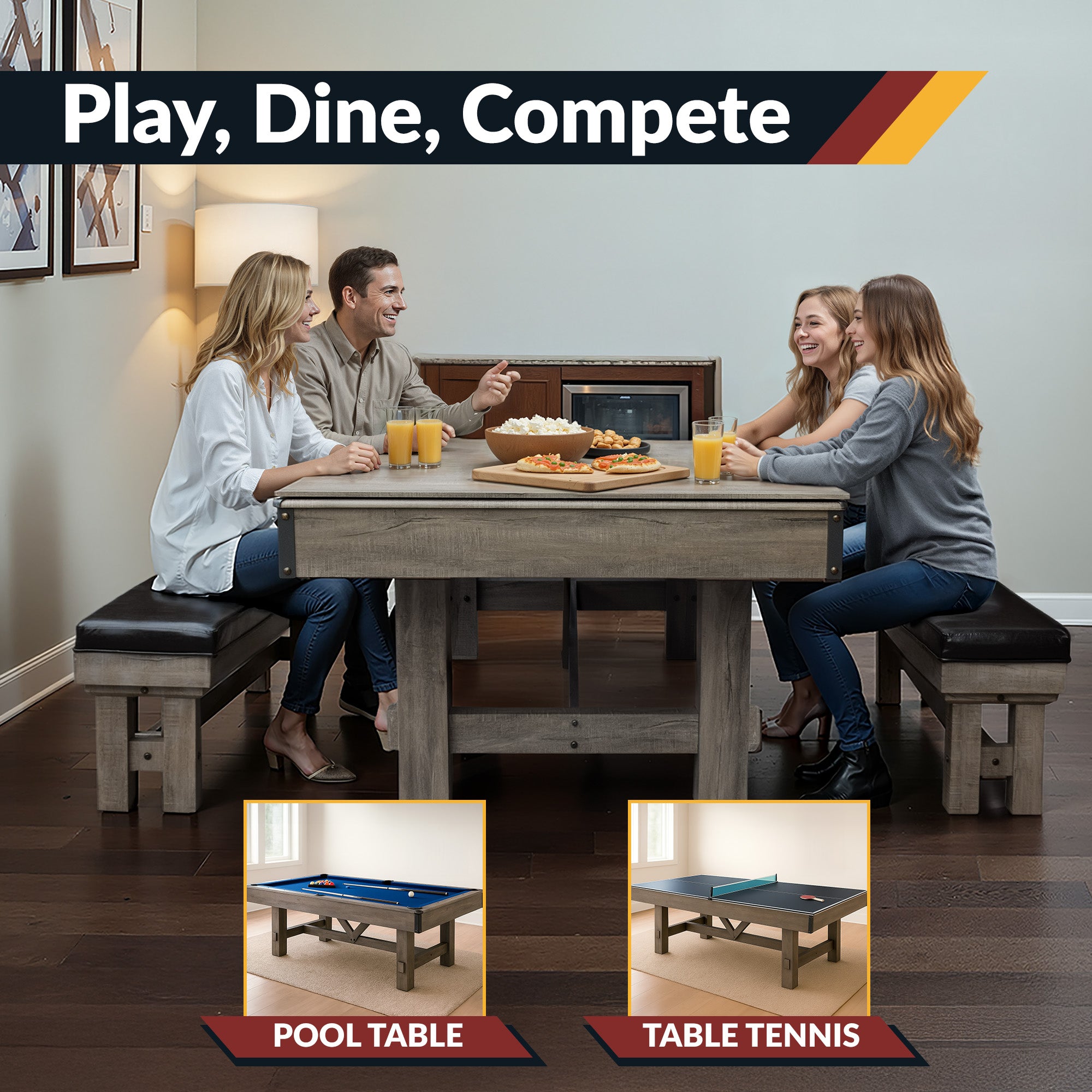 Logan 7-ft Pool Table Combo Set with Benches - Rustic Gray with Blue Felt - image 6
