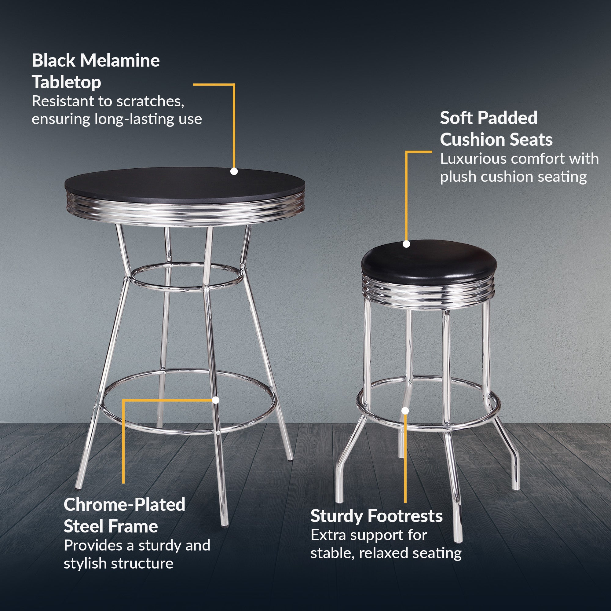 Remington 30-in Chrome Pub Table with Stools - 3 Piece Set - Black - image 3