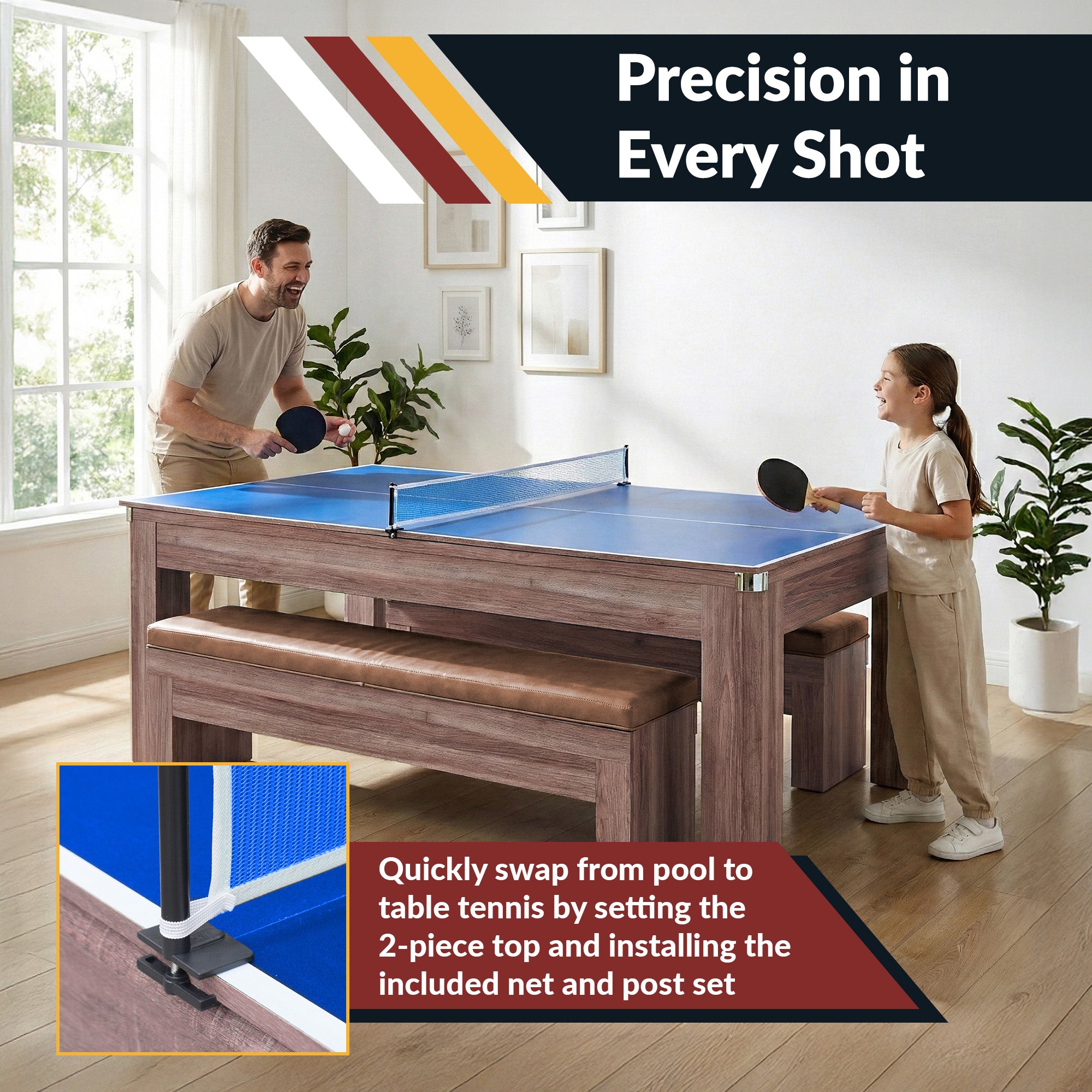 Newport 7-ft Pool Table Combo Set with Benches - Light Oak with Red Felt - image 5