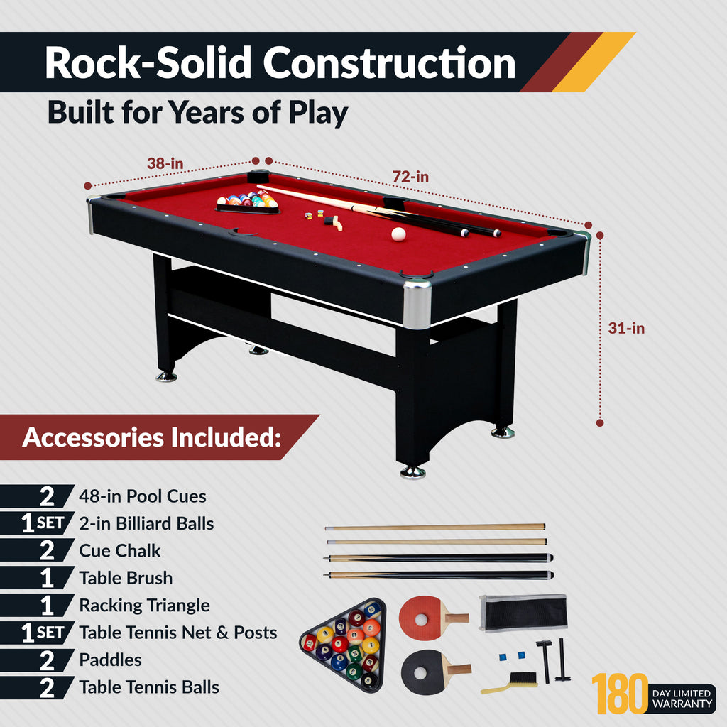 Spartan 6-ft Pool Table with Table Tennis Top - Black with Red Felt - image 3
