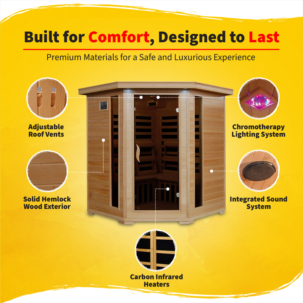 Tucson 4-Person Hemlock Corner Infrared Sauna with 10 Carbon Heaters - image 3