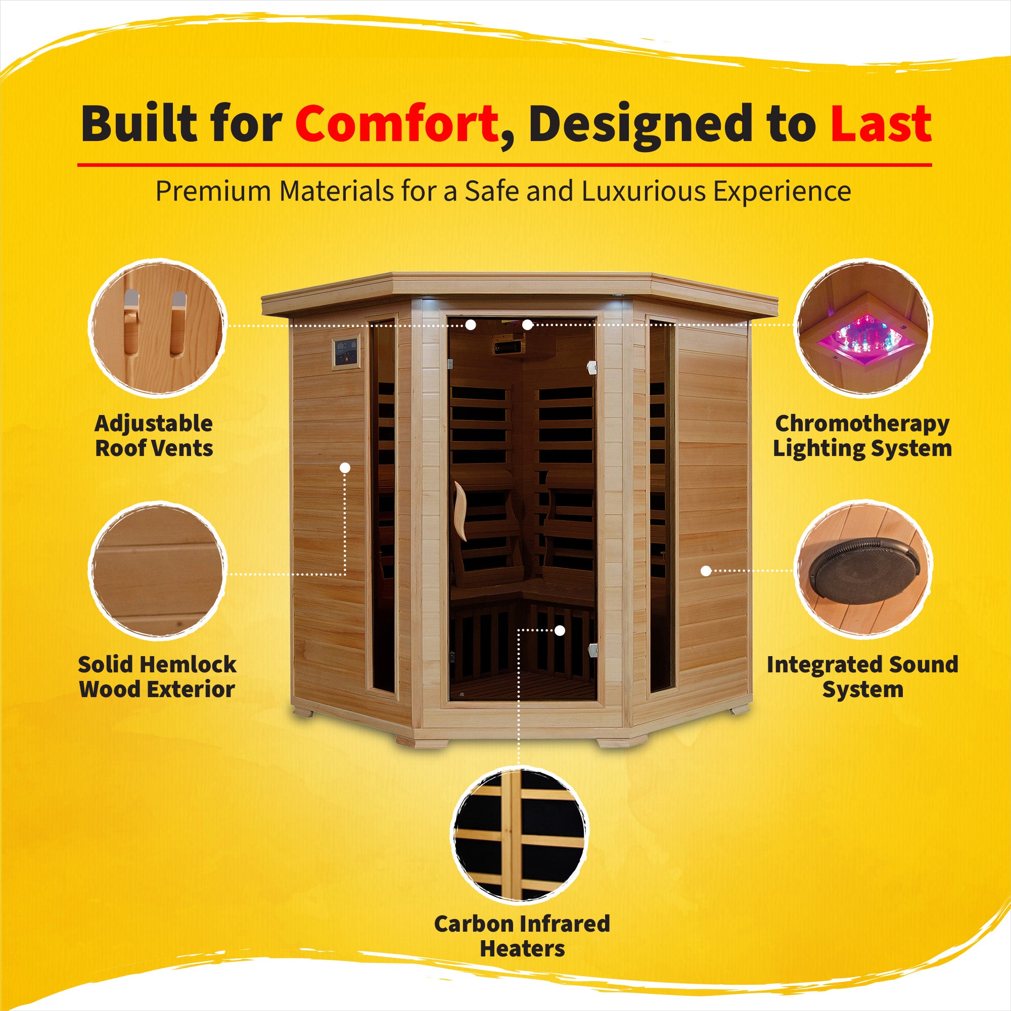 Tucson 4-Person Hemlock Corner Infrared Sauna with 10 Carbon Heaters - image 3