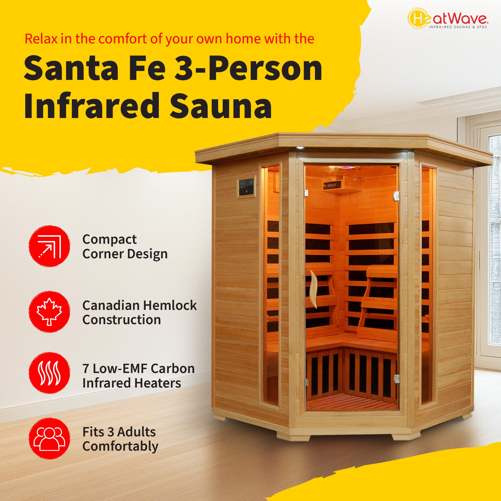 Santa Fe 3-Person Hemlock Corner Infrared Sauna with 7 Carbon Heaters - image 2