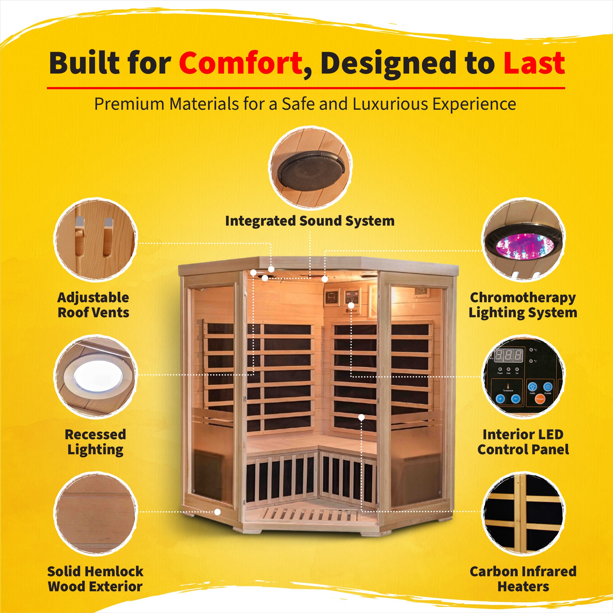 Sonoma 3-Person Hemlock Infrared Corner Sauna with 7 Carbon Heaters - image 3