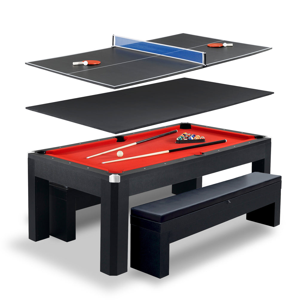 Park Avenue 7-ft Pool Table Combo Set with Benches - Black with Red Felt