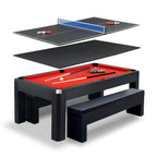 Park Avenue 7-ft Pool Table Combo Set with Benches - Black with Red Felt