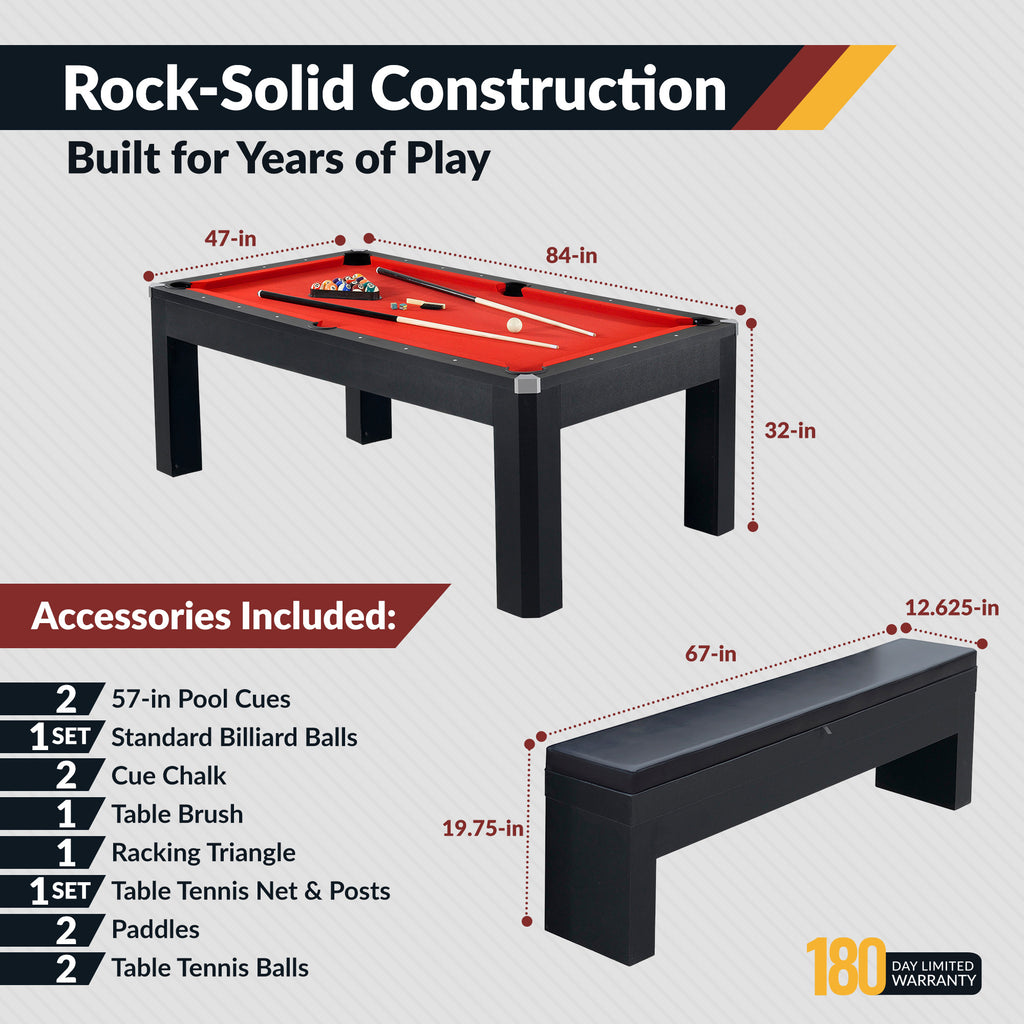 Park Avenue 7-ft Pool Table Combo Set with Benches - Black with Red Felt - image 3