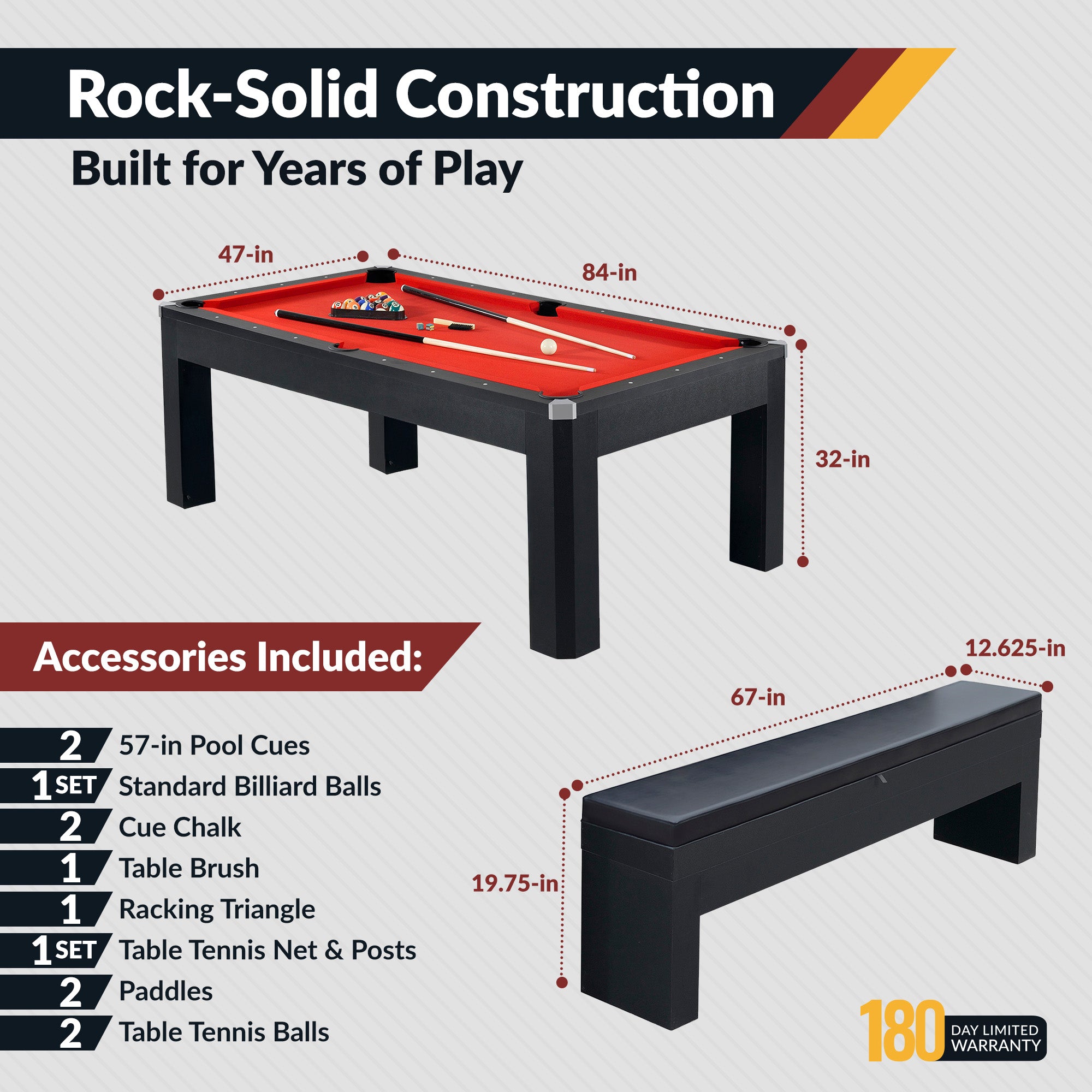 Park Avenue 7-ft Pool Table Combo Set with Benches - Black with Red Felt - image 3