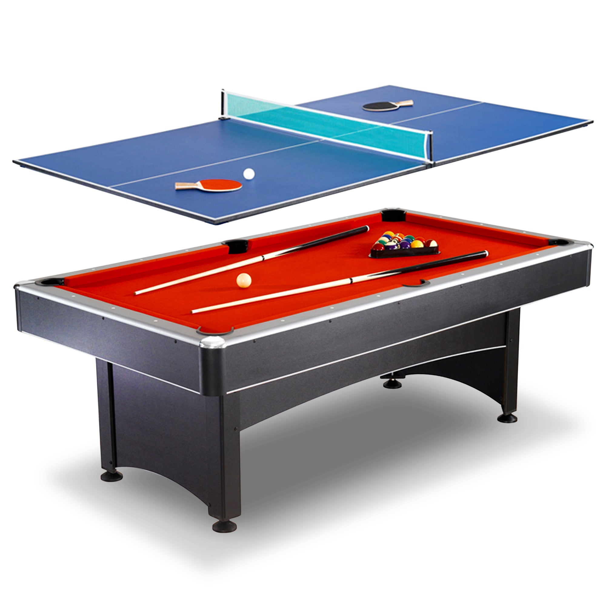 Maverick 7-ft Pool Table with Table Tennis Top - Black with Red Felt