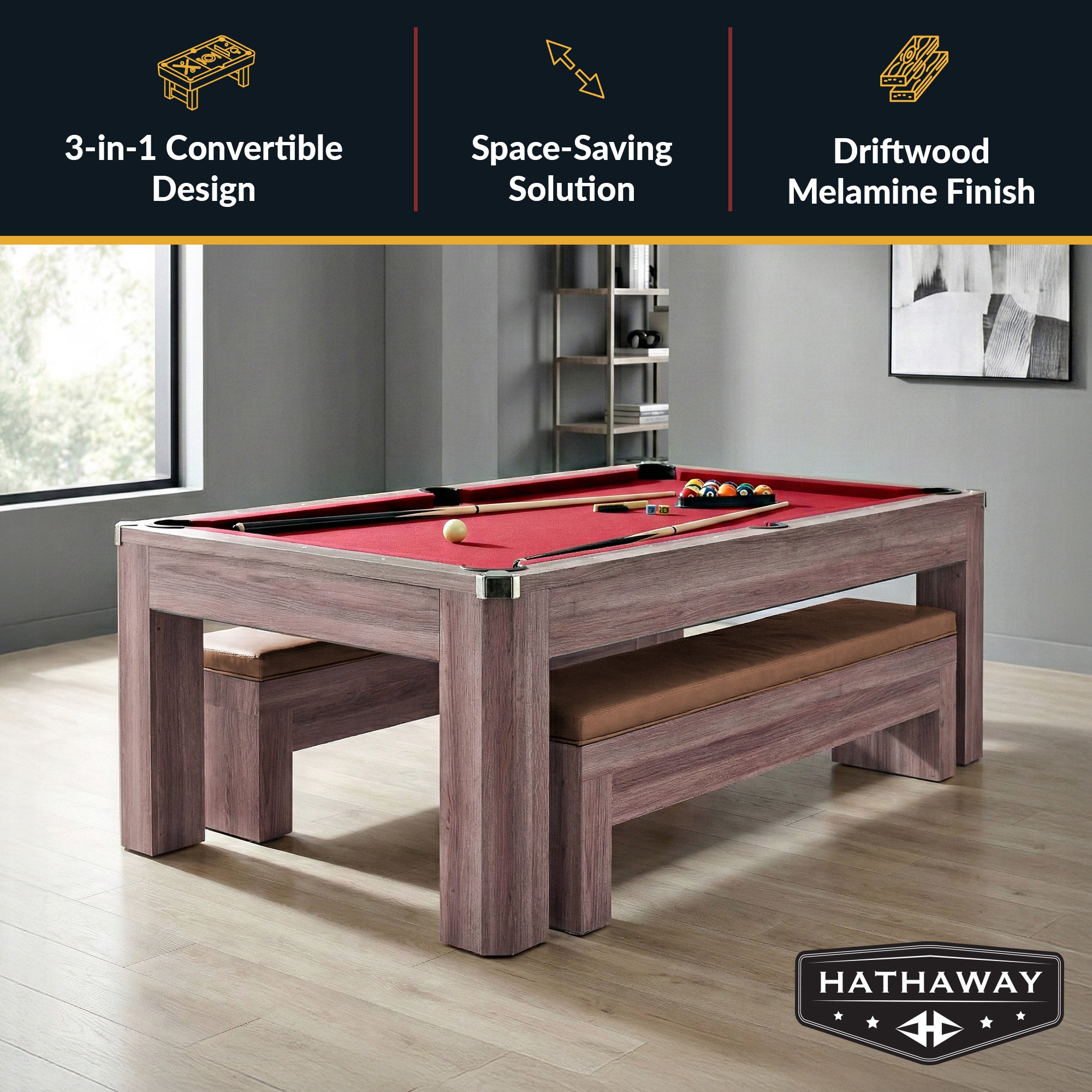Newport 7-ft Pool Table Combo Set with Benches - Light Oak with Red Felt - image 2