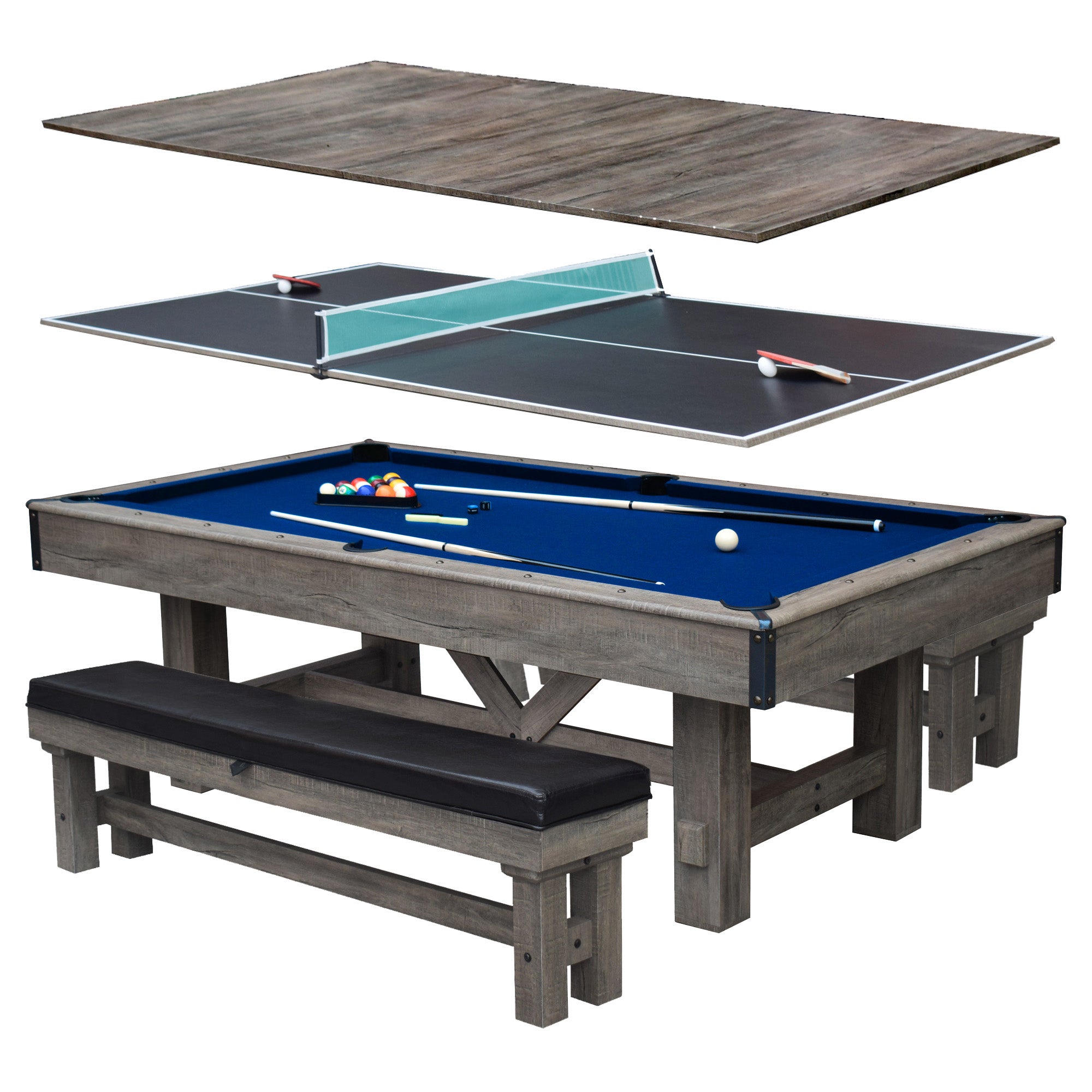 Logan 7-ft Pool Table Combo Set with Benches - Rustic Gray with Blue Felt