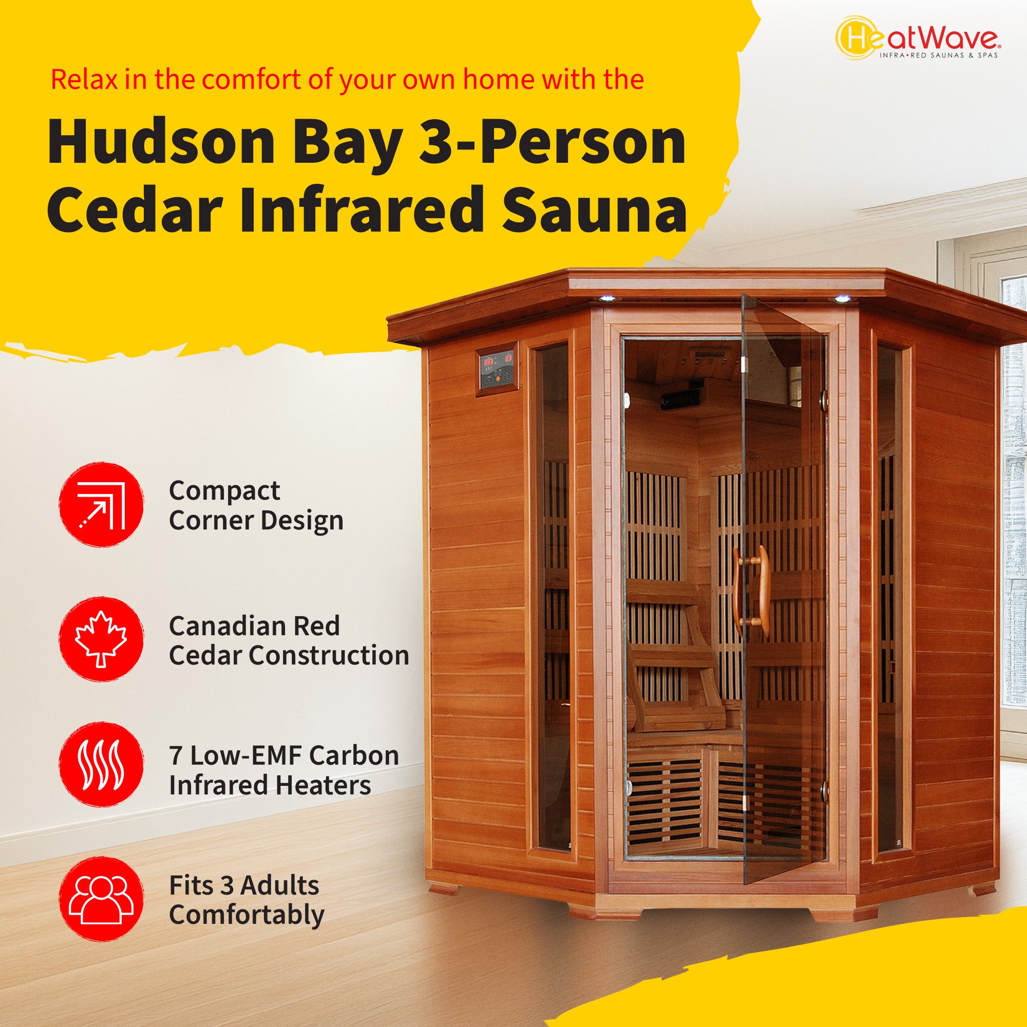 Hudson Bay 3-Person Cedar Corner Infrared Sauna with 7 Carbon Heaters - image 2