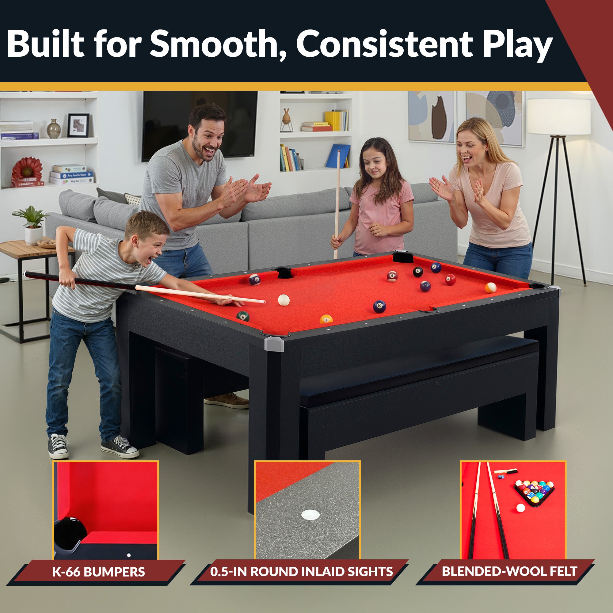 Park Avenue 7-ft Pool Table Combo Set with Benches - Black with Red Felt - image 4