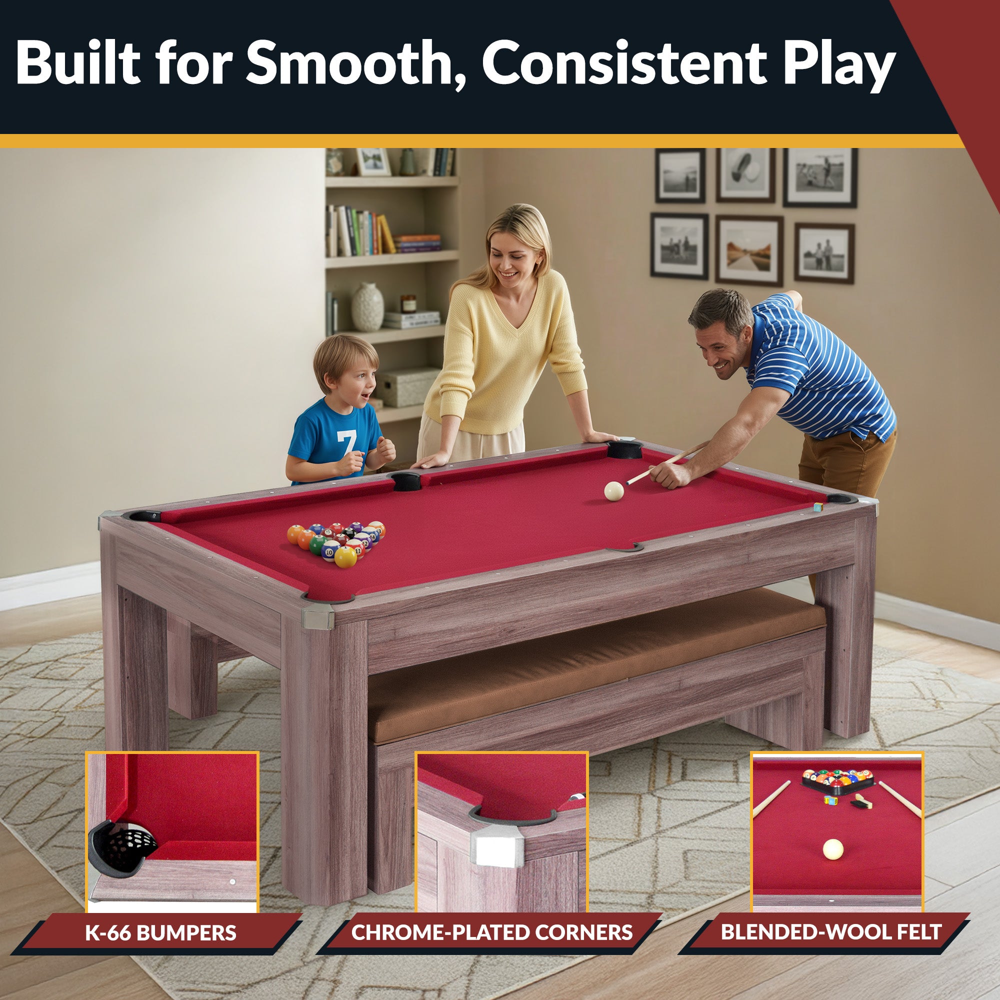 Newport 7-ft Pool Table Combo Set with Benches - Light Oak with Red Felt - image 4