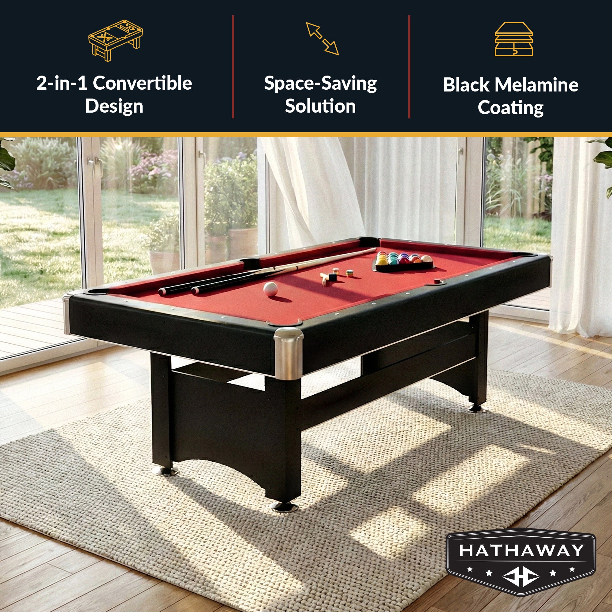 Spartan 6-ft Pool Table with Table Tennis Top - Black with Red Felt - image 2