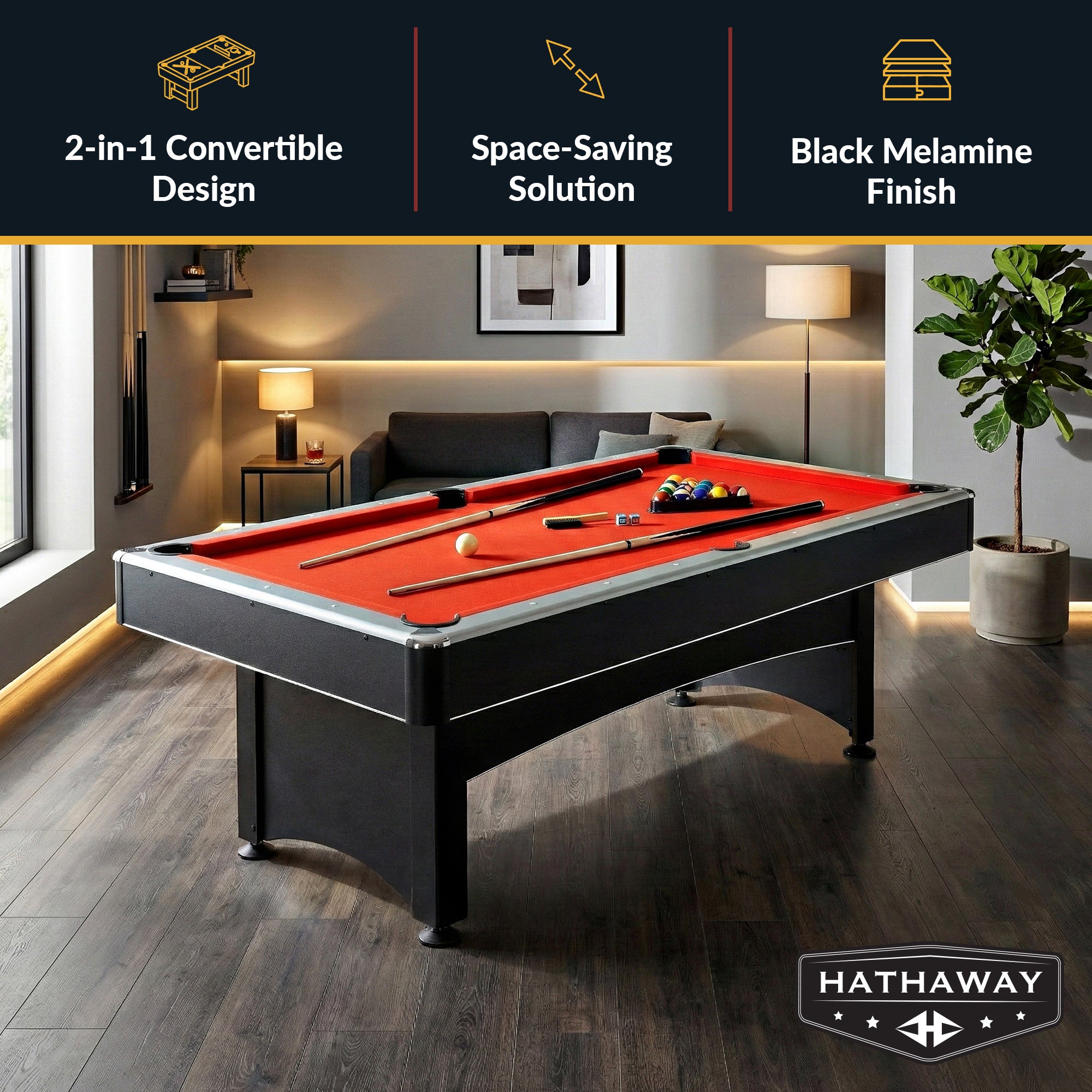 Maverick 7-ft Pool Table with Table Tennis Top - Black with Red Felt - image 2