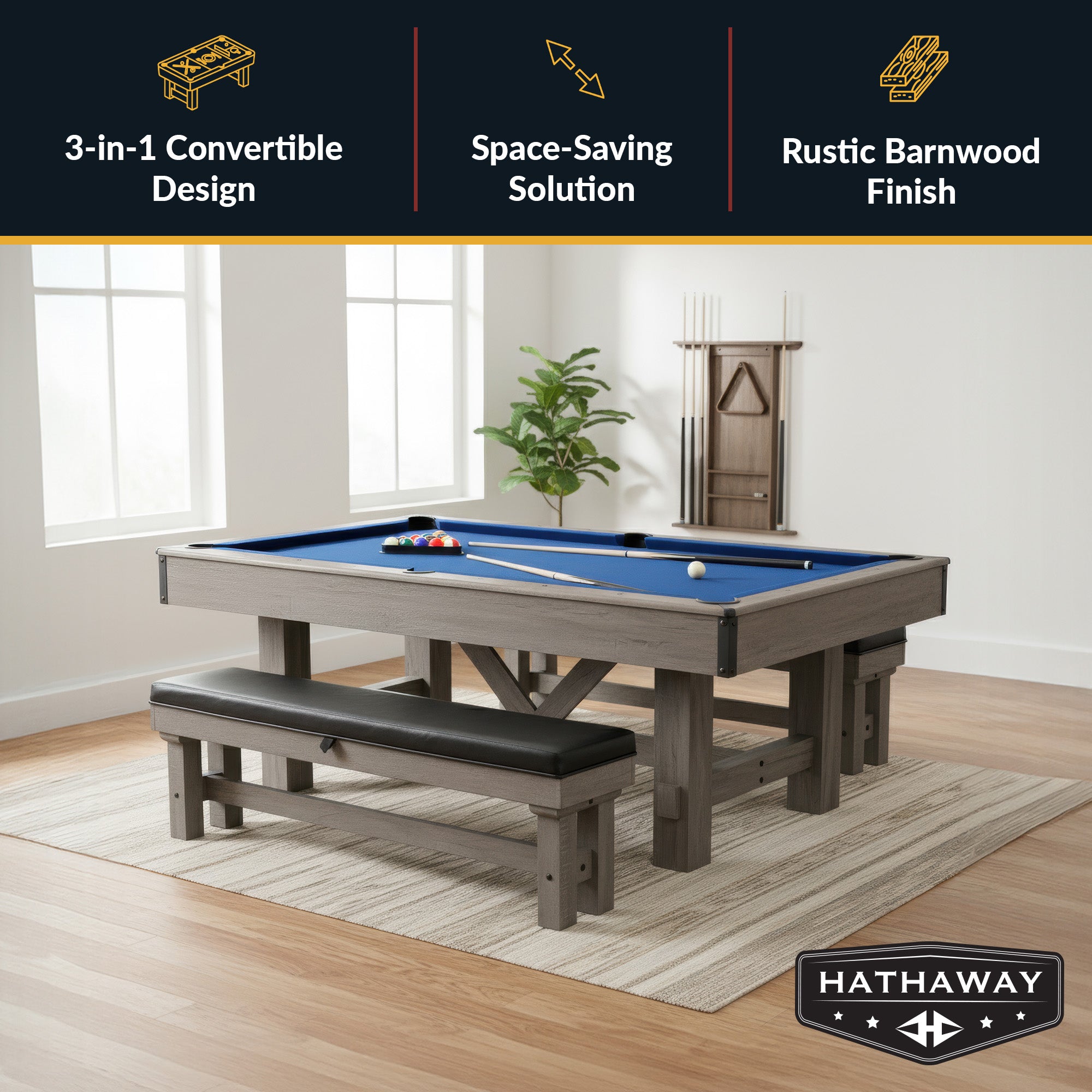 Logan 7-ft Pool Table Combo Set with Benches - Rustic Gray with Blue Felt - image 2