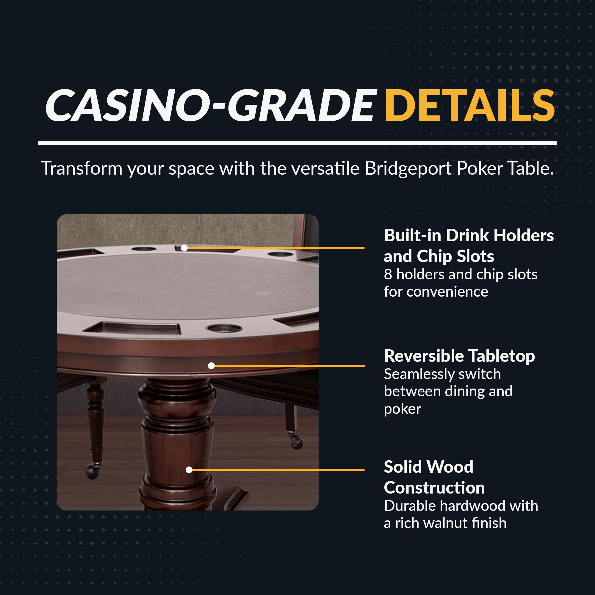 Bridgeport 48-in Poker Table and Dining Top with 4 Arm Chairs - Walnut Finish - image 3