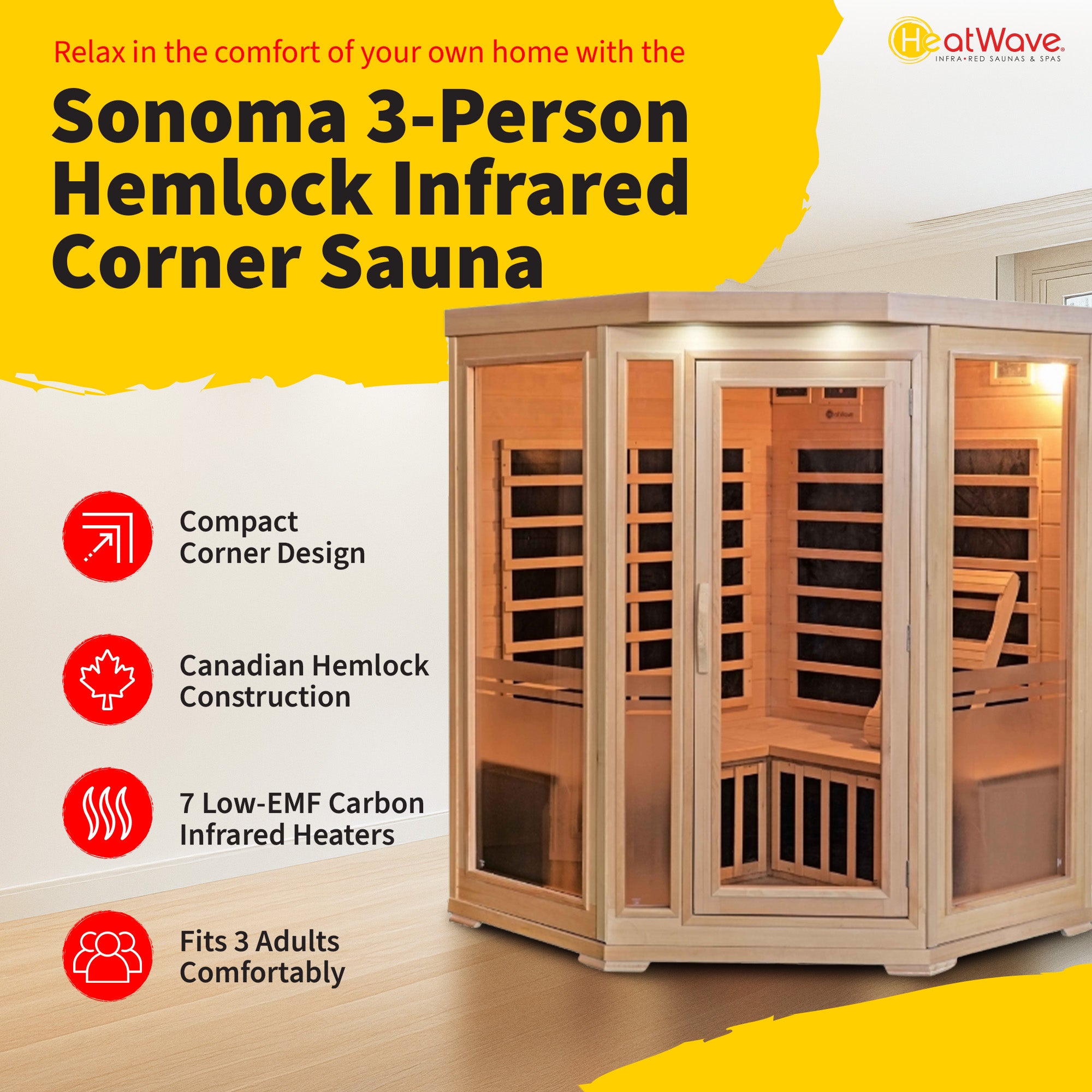 Sonoma 3-Person Hemlock Infrared Corner Sauna with 7 Carbon Heaters - image 2
